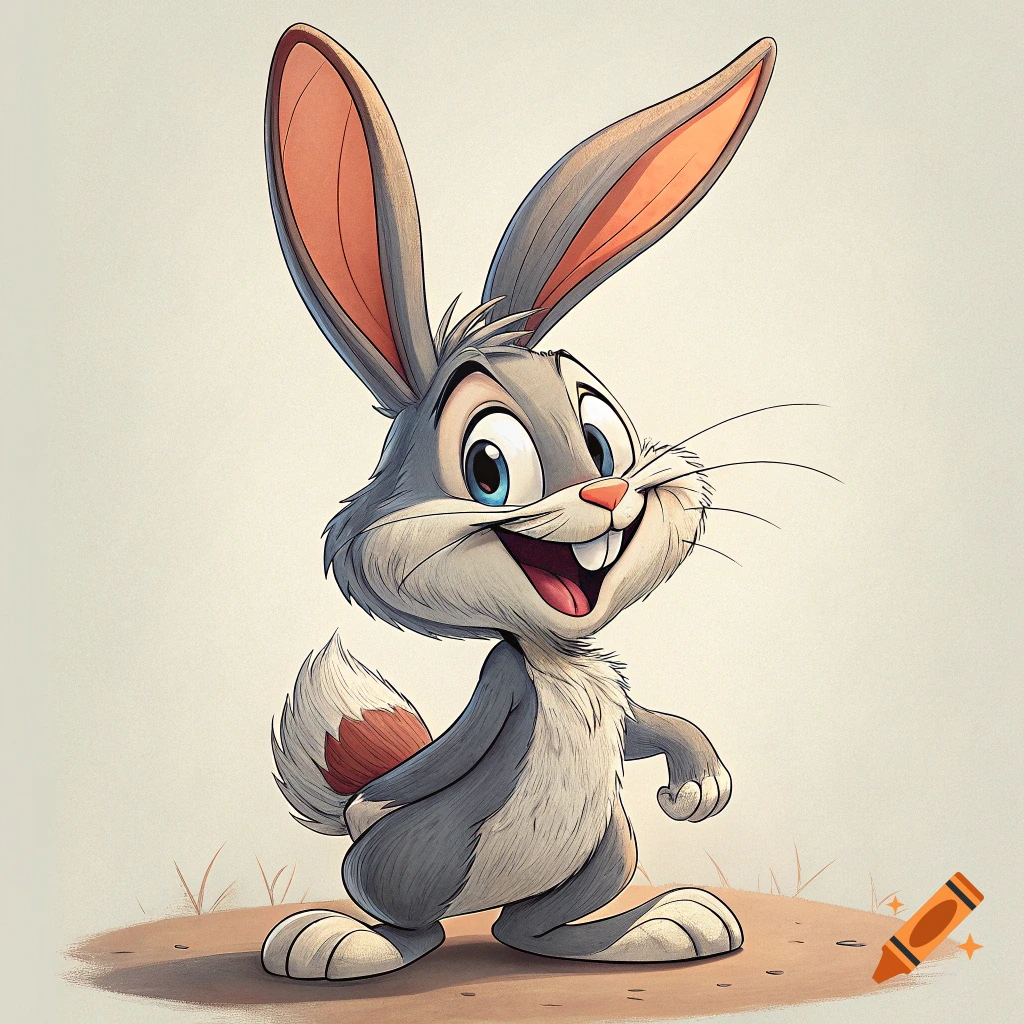 A cartoon rabbit with big ears and a wide smile stands looking forward.
