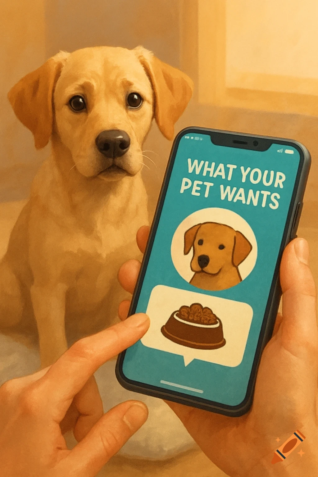 A golden retriever puppy looks at a phone screen showing a pet app interface with a dog icon and a food bowl icon, held by a person's hands.