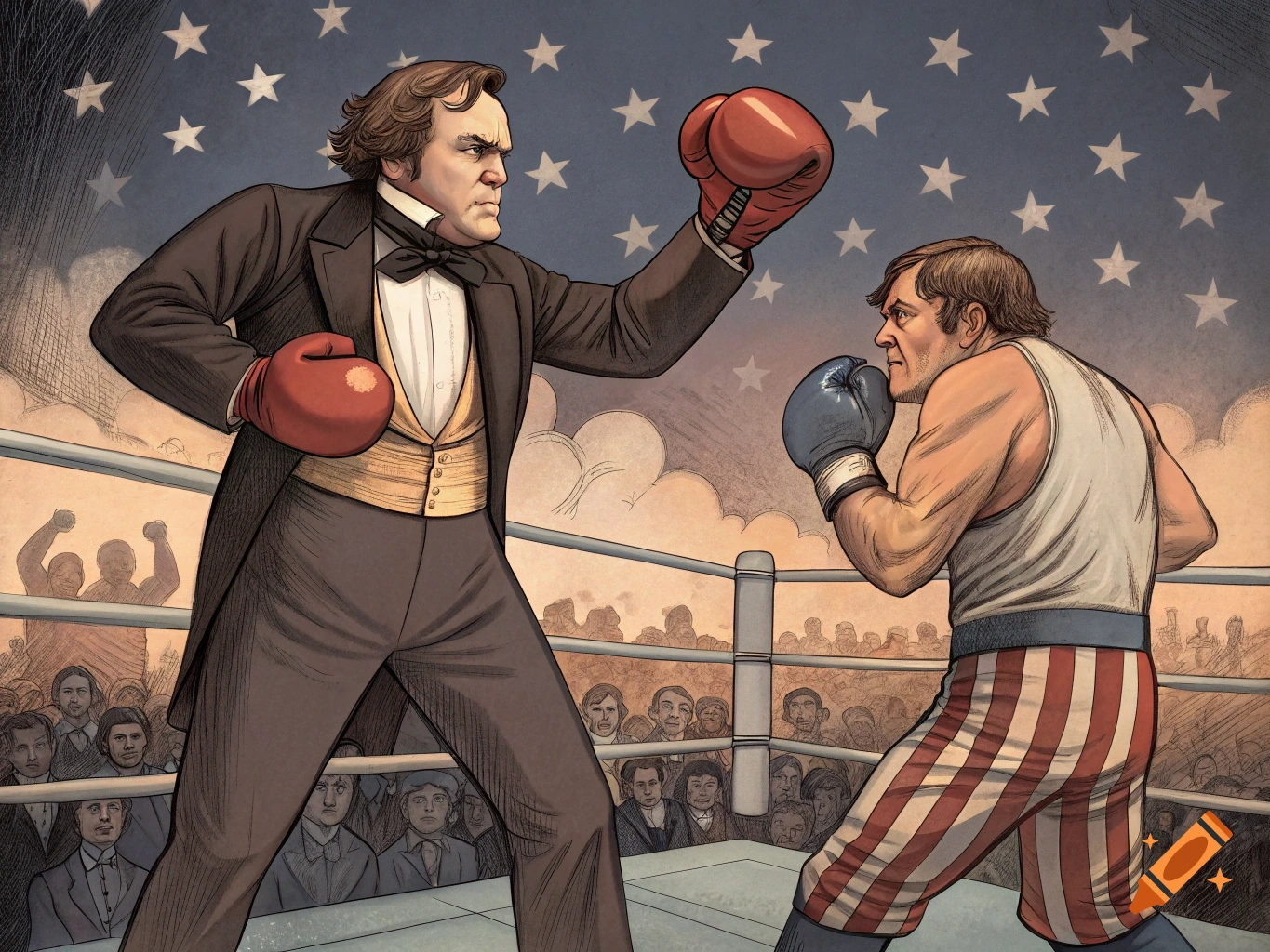 Political cartoon of two men boxing in a ring with a starry background and crowd.