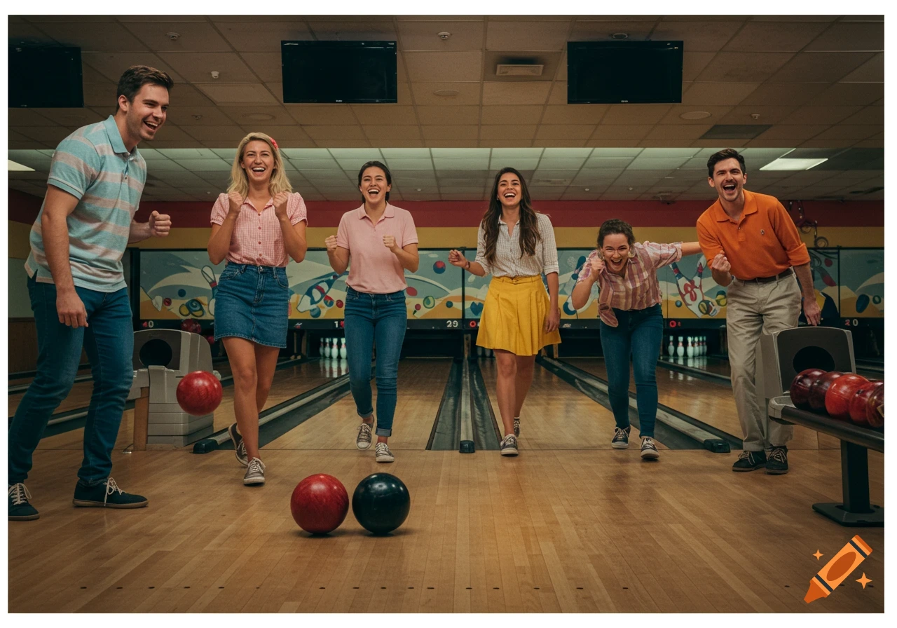 Group of people celebrating at a bowling alley