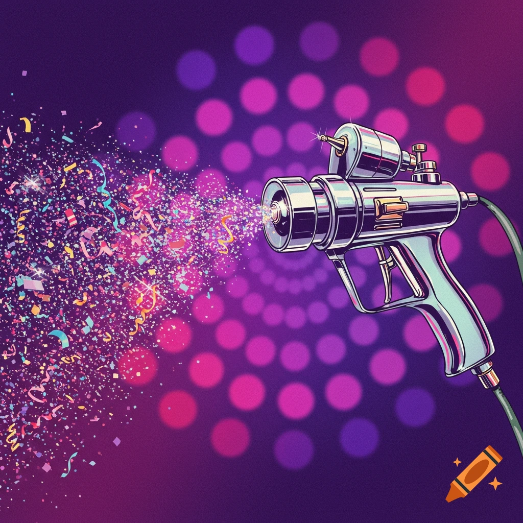 An illustration of a spray gun shooting colorful confetti and glitter against a background of purple and pink disco lights.