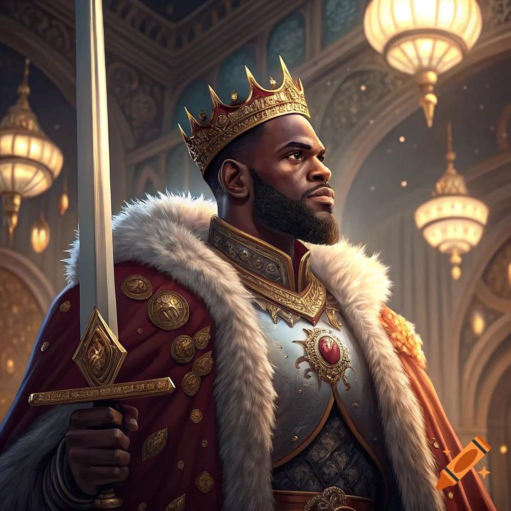 A man styled as a king, wearing a crown and royal robes, holding a sword in a grand hall.