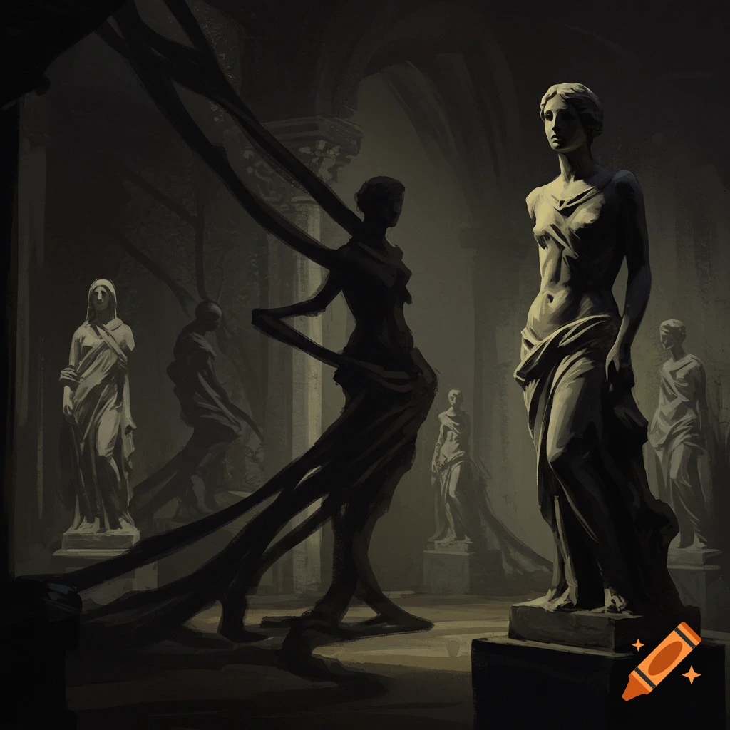 Classical statues in a shadowy room, one with dark tendrils.
