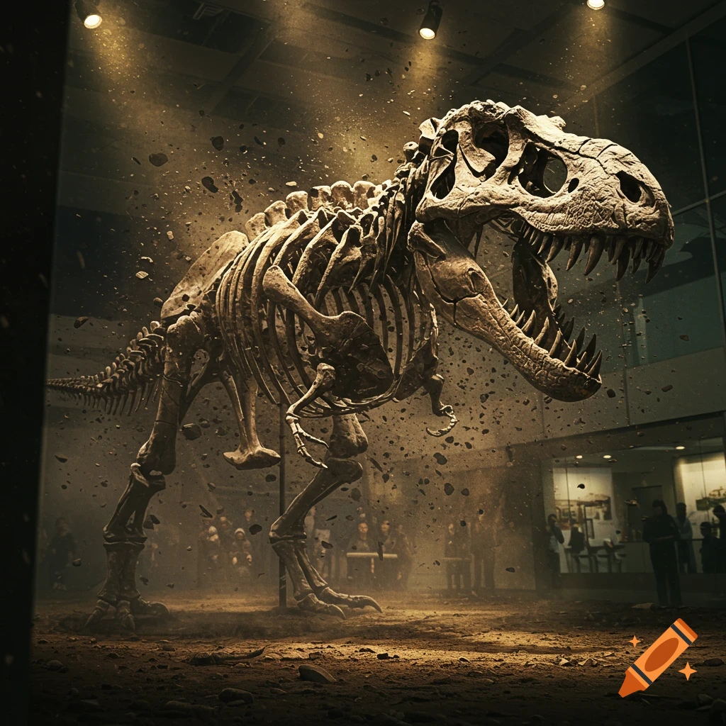 Dinosaur skeleton leaps out of the ground in a museum exhibit, digital painting.
