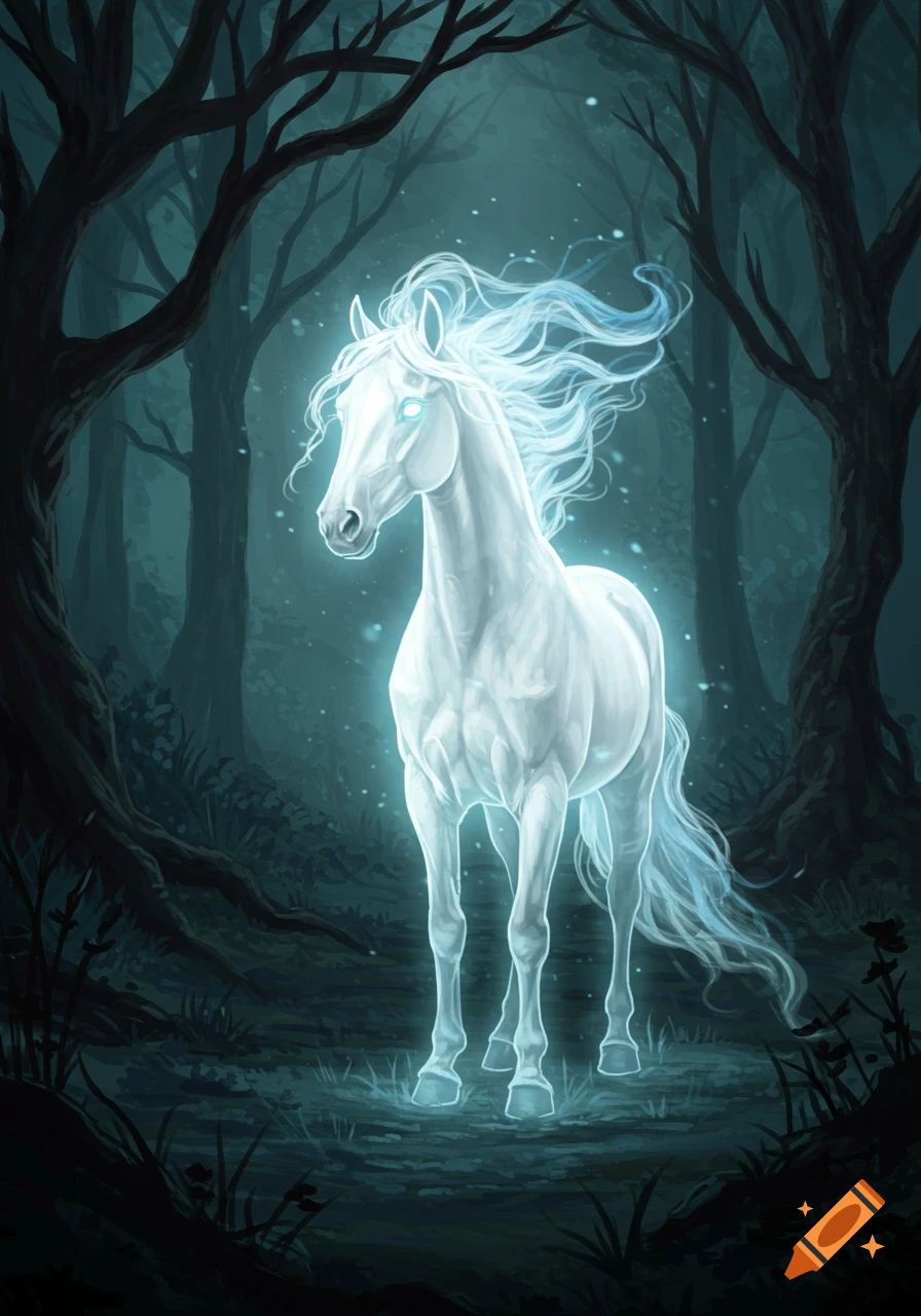 A glowing white ghostly horse stands in a dark forest