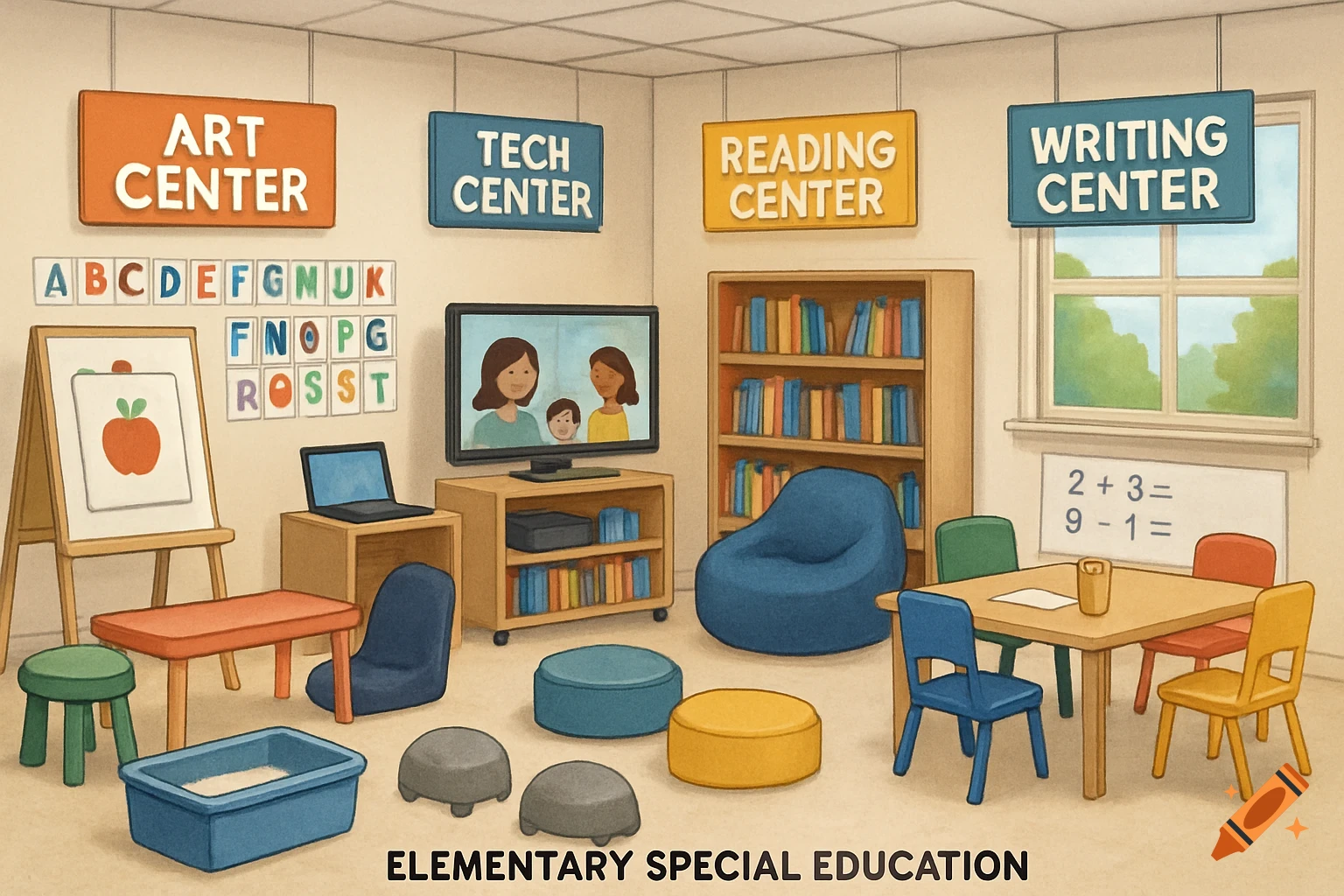 An elementary special education classroom with learning centers, seating, and resources.
