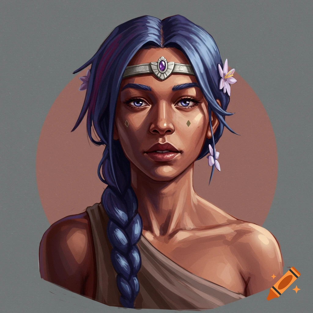 Portrait of a woman with blue hair, braid, headband, and face paint.