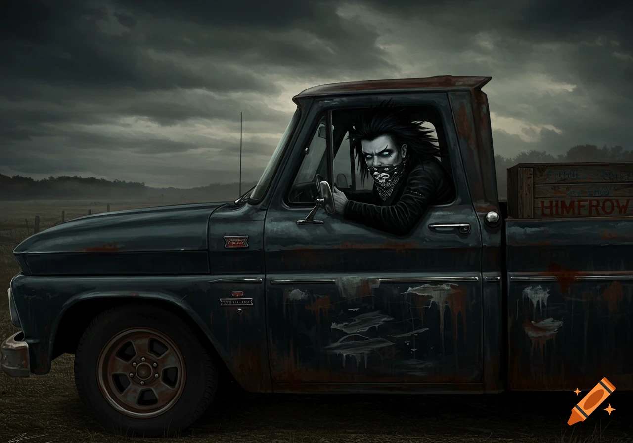A goth person with spiked hair and a skull bandana drives a dark, rusty pickup truck under a cloudy sky.