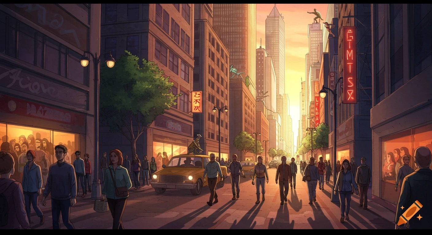 A bustling city street at sunset with people walking, buildings, and hints of figures on rooftops.