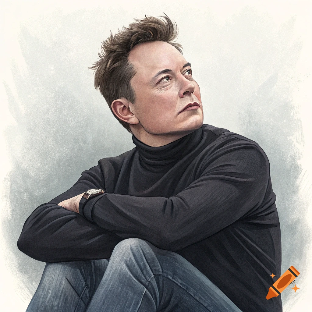 Stylized portrait illustration of Elon Musk sitting