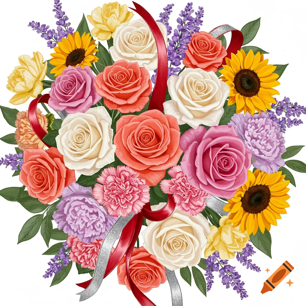 A vibrant bouquet of assorted roses, peonies, carnations, sunflowers, and lavender, tied with red and silver ribbons.