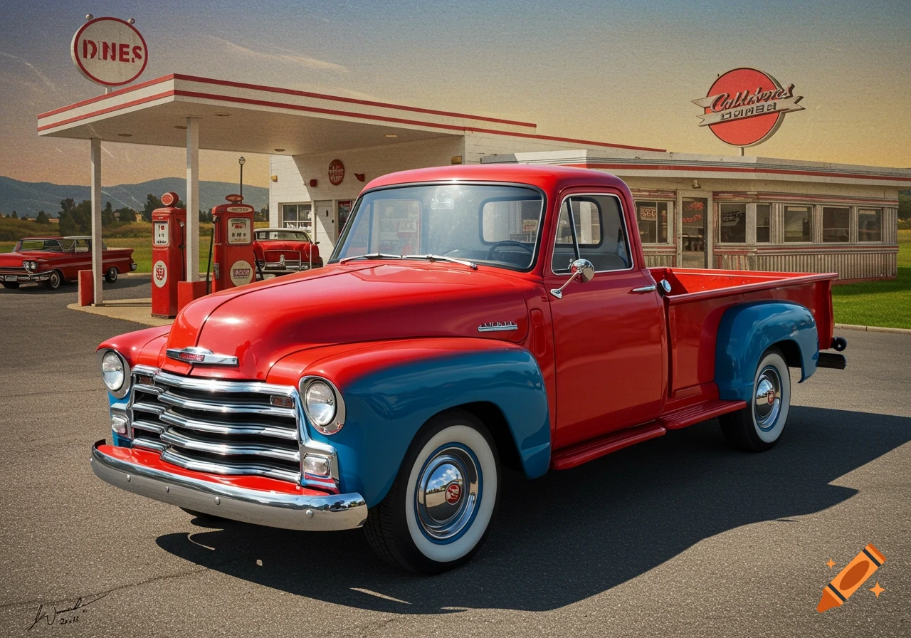 Red and blue classic pickup truck parked at a retro gas station and diner.