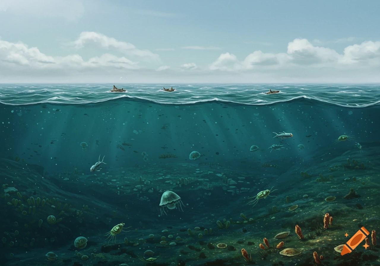 Illustration of an ancient ocean scene during the Paleozoic era, showing strange marine life underwater and simple boats on the surface.