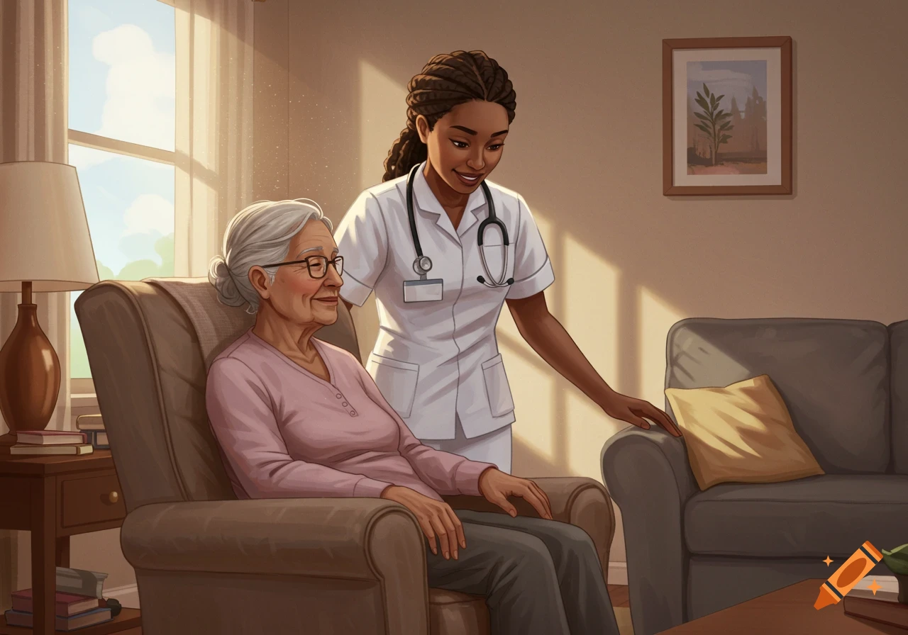A black female nurse tending to an elderly patient in a chair in a sunny home.