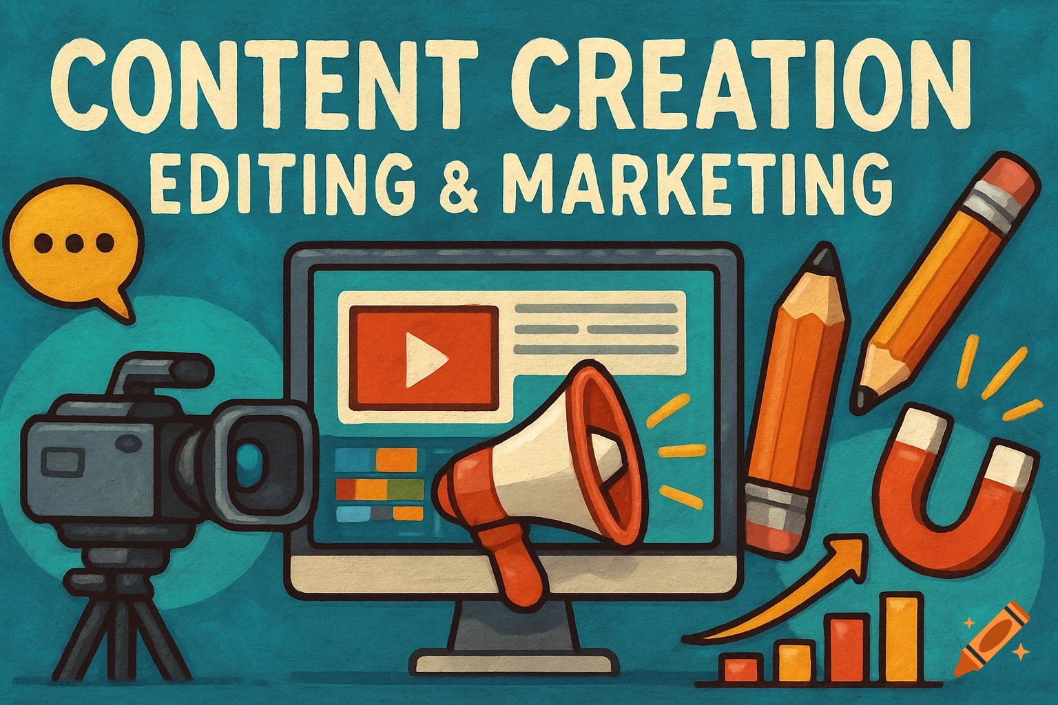 Illustration about content creation and marketing with a camera, monitor, megaphone, pencils, and graph.