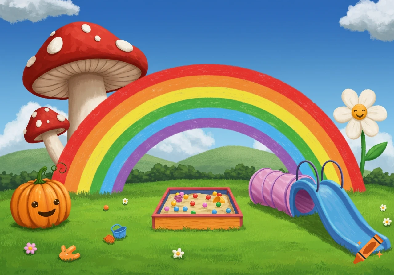 Cartoon playground with a rainbow, giant mushrooms, smiling pumpkin, sandbox, tunnel, slide, and flower.
