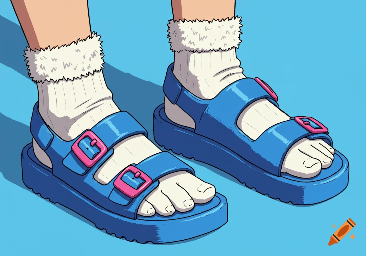 Close-up illustration of feet wearing white socks and blue sandals with pink buckles.