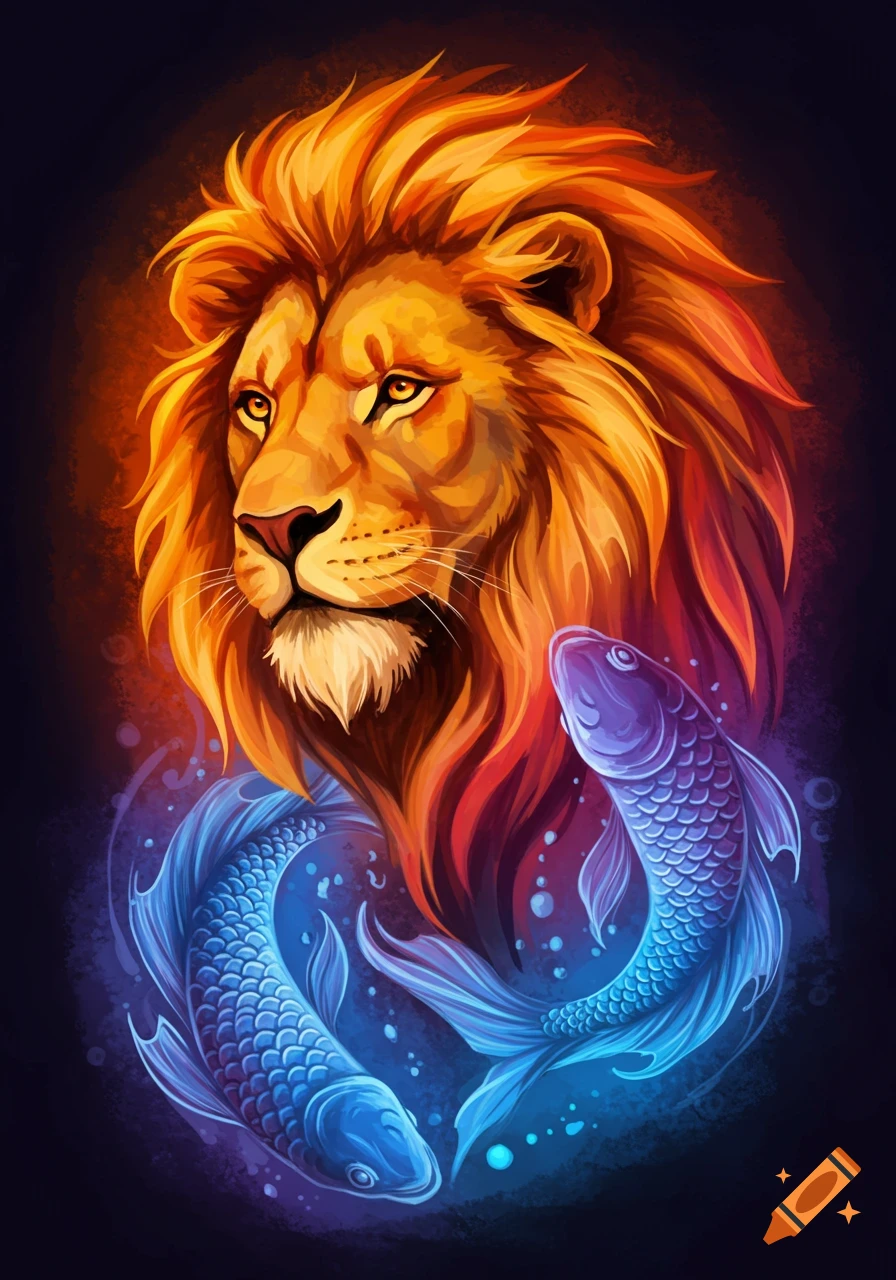 Lion head with fiery mane and two blue fish merged together on a dark background.