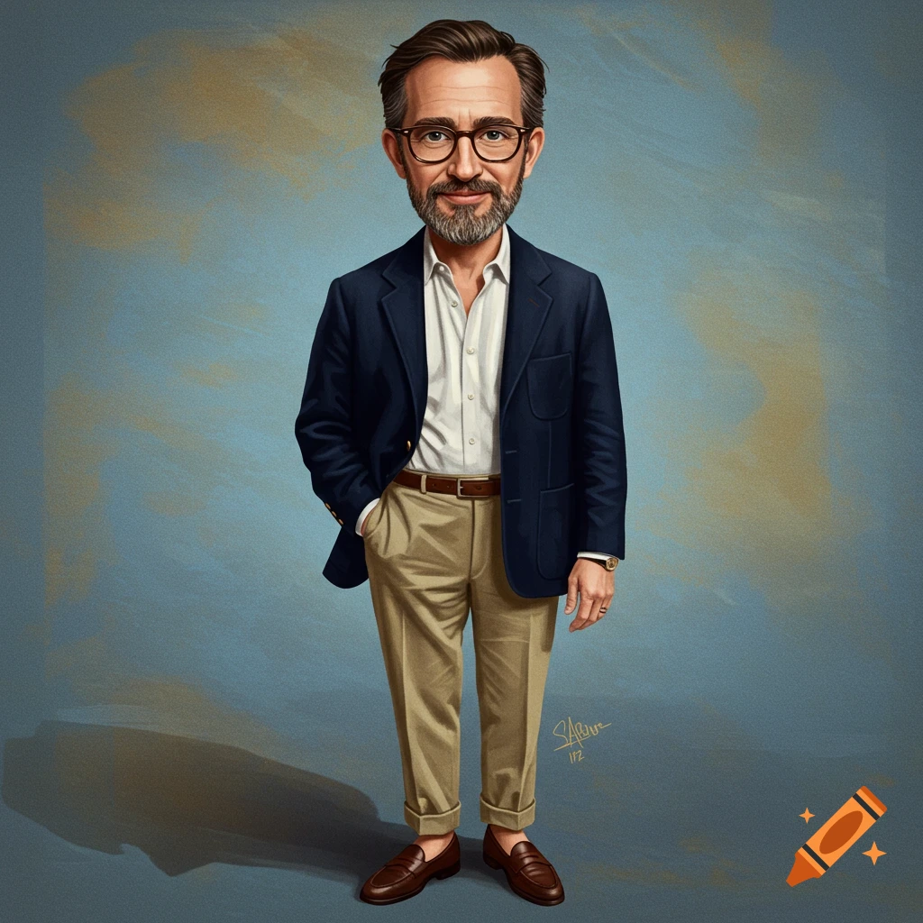 Illustration of a man in a blazer and chinos, standing with a hand in his pocket.