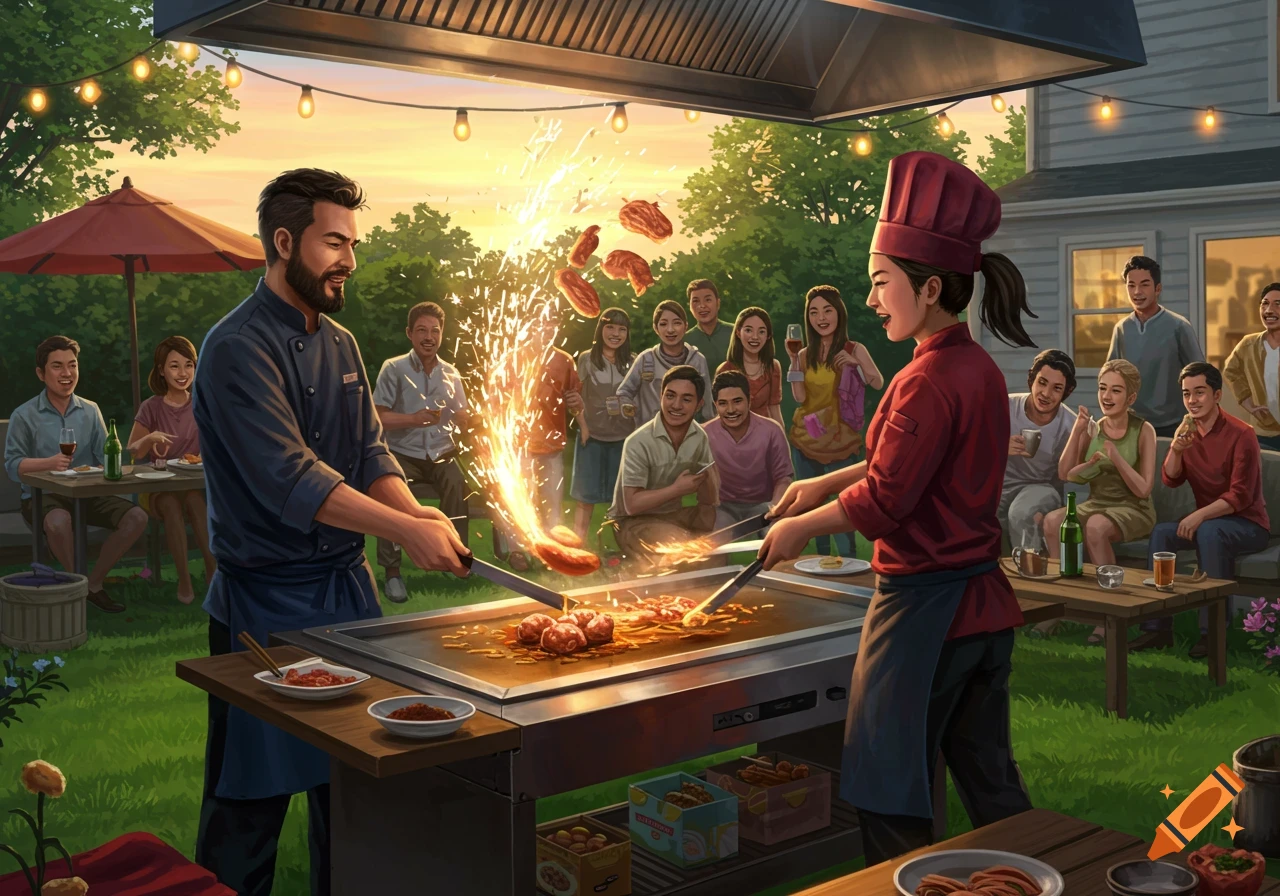 Two hibachi chefs grilling for a crowd in a backyard.