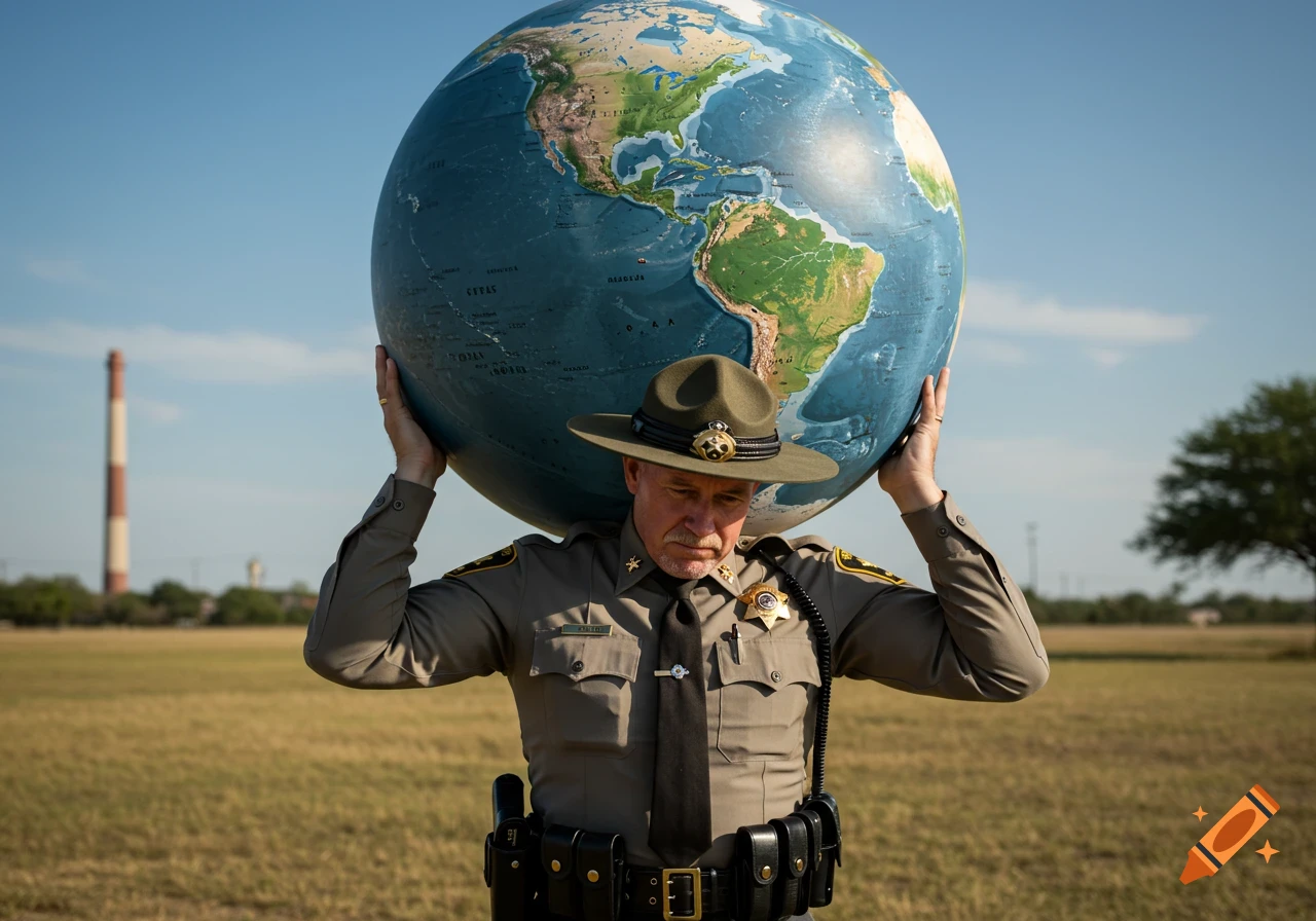 Photorealistic image of a Texas State Trooper carrying a large globe on his shoulders outdoors.