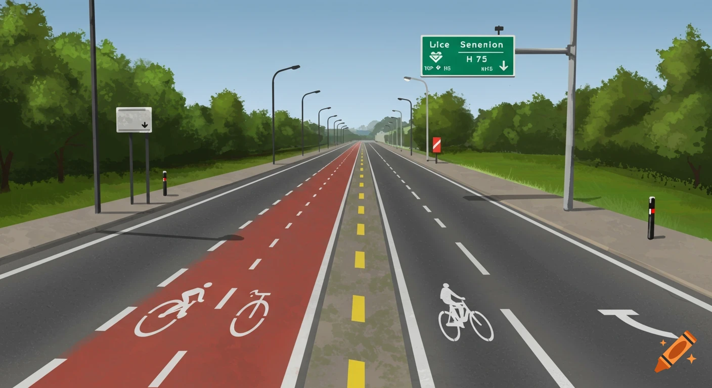 A road featuring a distinct red bike lane, a sidewalk, and streetlights.