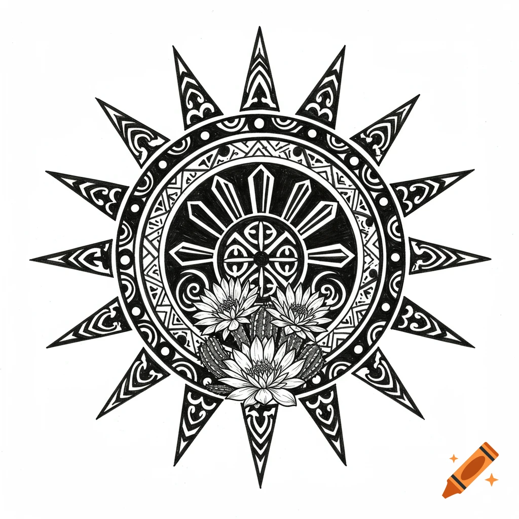 Black and white illustration of a tribal sun design with flowers and cacti.
