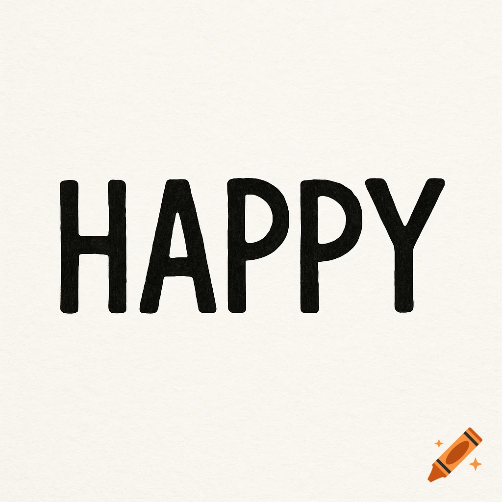 The word HAPPY in black letters on a light textured background.