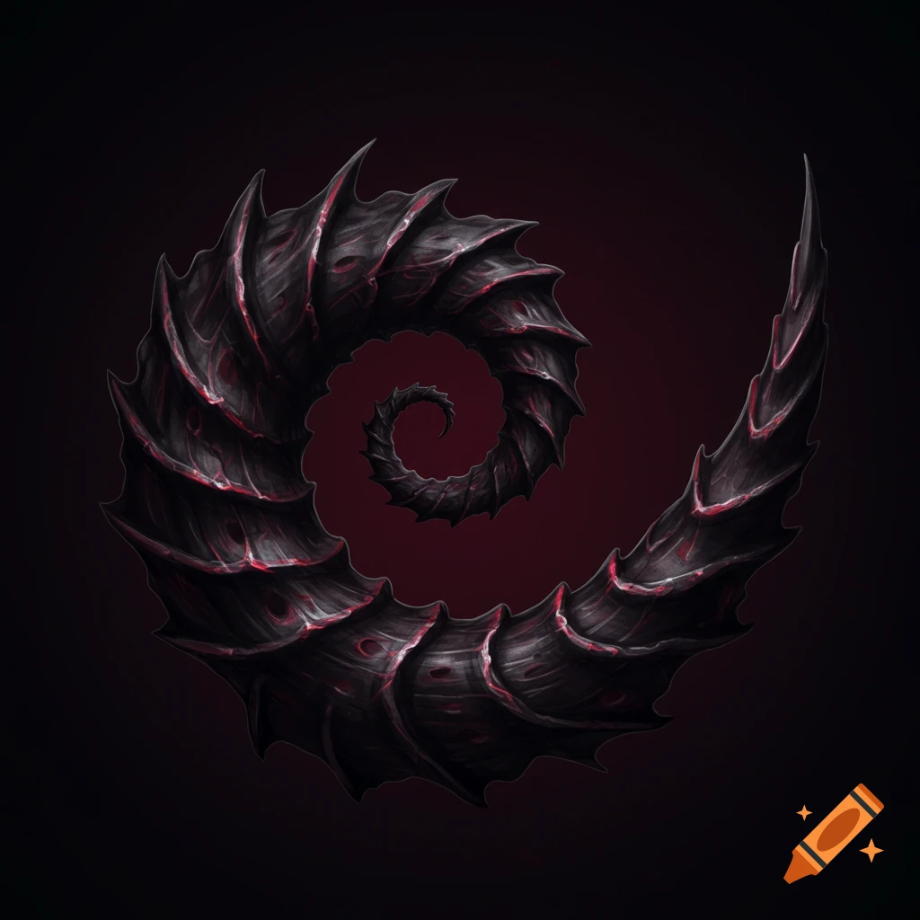 A dark, spiraling horn with thorns against a dark background.