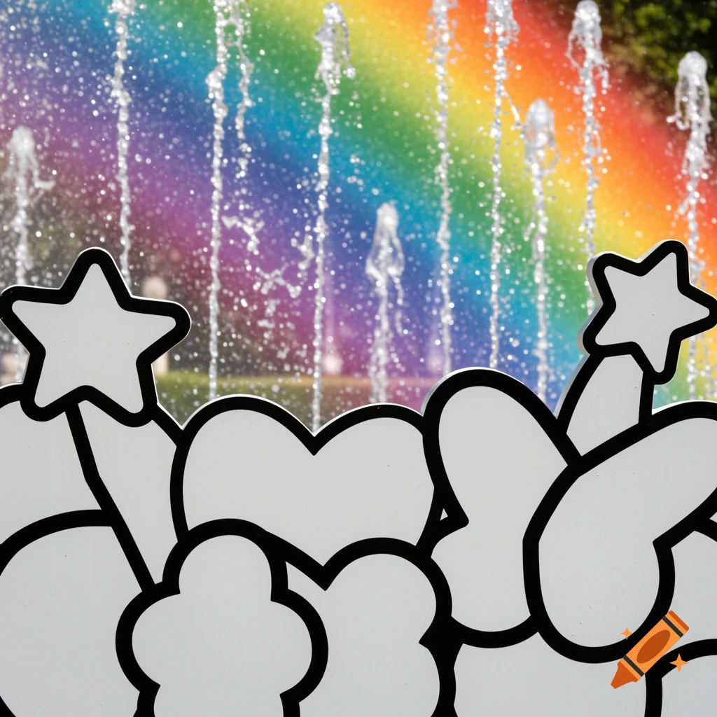 Stylized white shapes (stars, hearts, butterflies) with black outlines against a rainbow water fountain background.