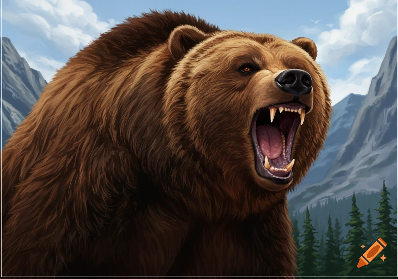 Digital painting of a roaring grizzly bear in a mountainous forest.