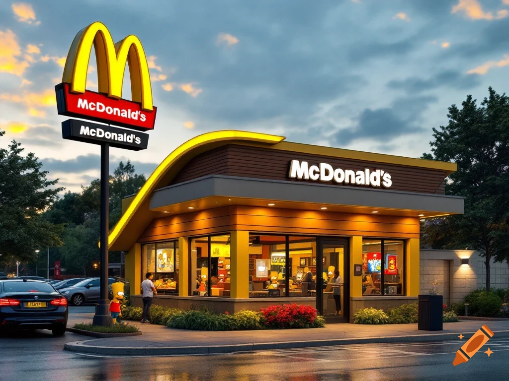 McDonald's restaurant at dusk with Simpson characters outside.