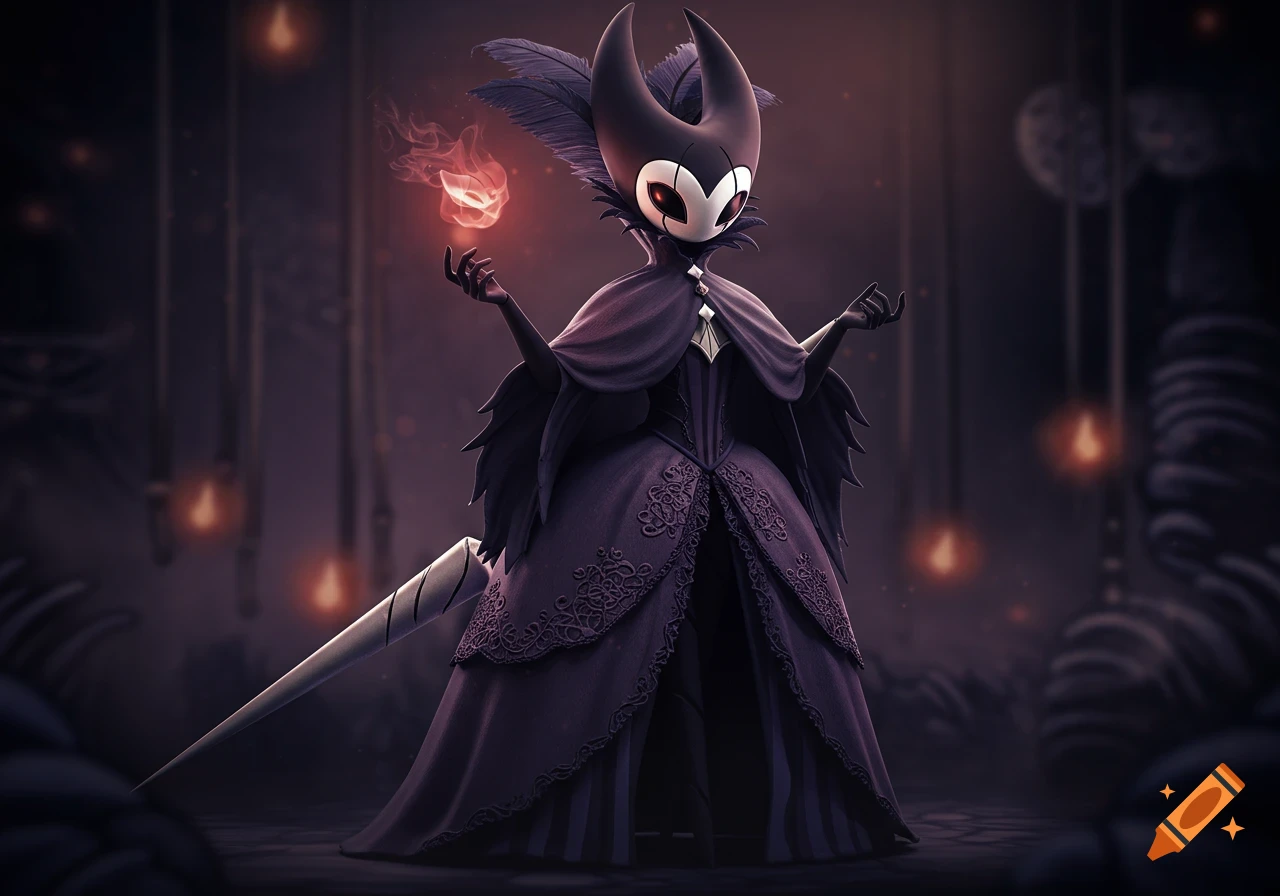 Female version of Grimm from Hollow Knight in a purple dress and cape, holding glowing energy in a dark fantasy setting.