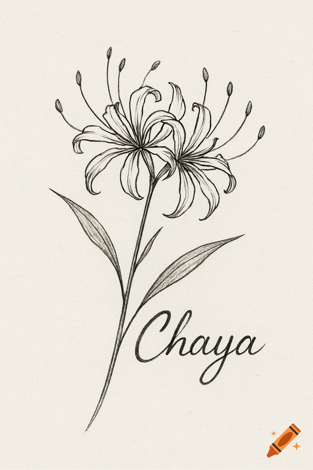 Sketch of a spider lily flower with the name Chaya.