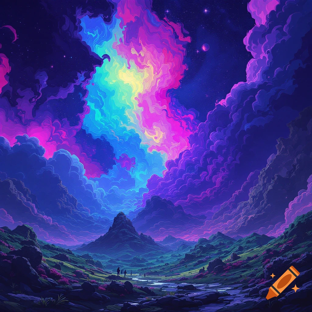 A vibrant, swirling nebula in a starry sky over a fantasy landscape with mountains and figures.