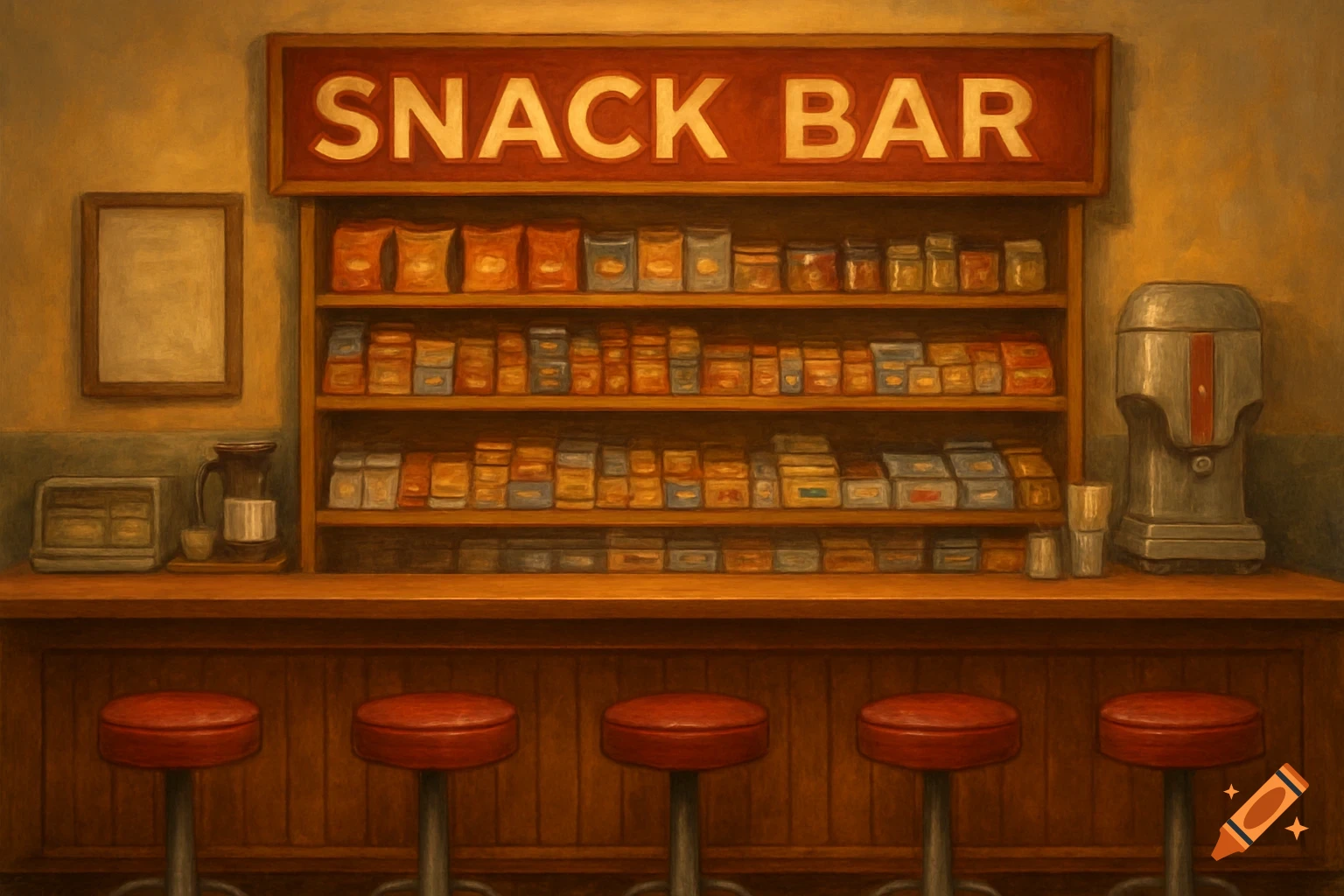 A painterly image of a snack bar counter with stools, shelves of snacks, and a SNACK BAR sign.