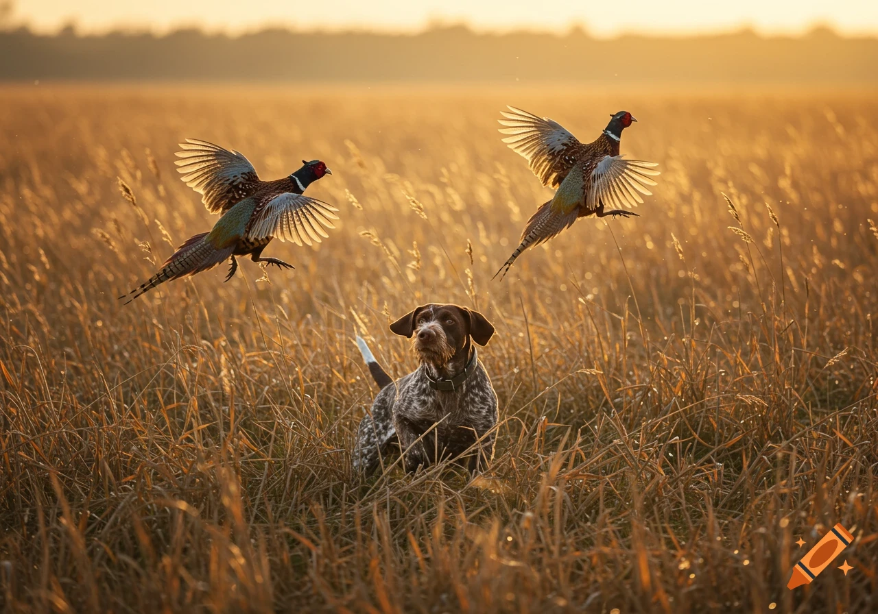 A German Shorthaired Pointer dog stands in a tall grassy field as two pheasants fly up from the ground at sunset.