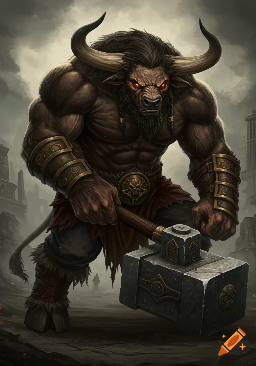 A muscular minotaur barbarian with red eyes holds a large hammer in a gritty fantasy setting.