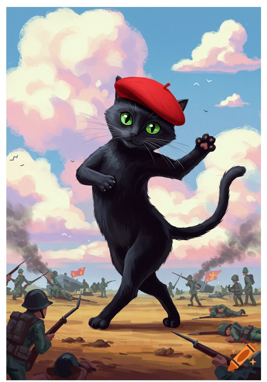 Cartoon illustration of a black cat in a red beret dancing on a battlefield among stylized soldiers.