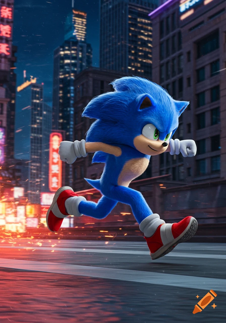 Movie Sonic the Hedgehog running through a city street at night