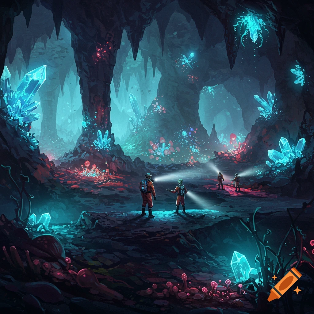 Scientists explore a glowing cave filled with large crystals and bioluminescent plants.