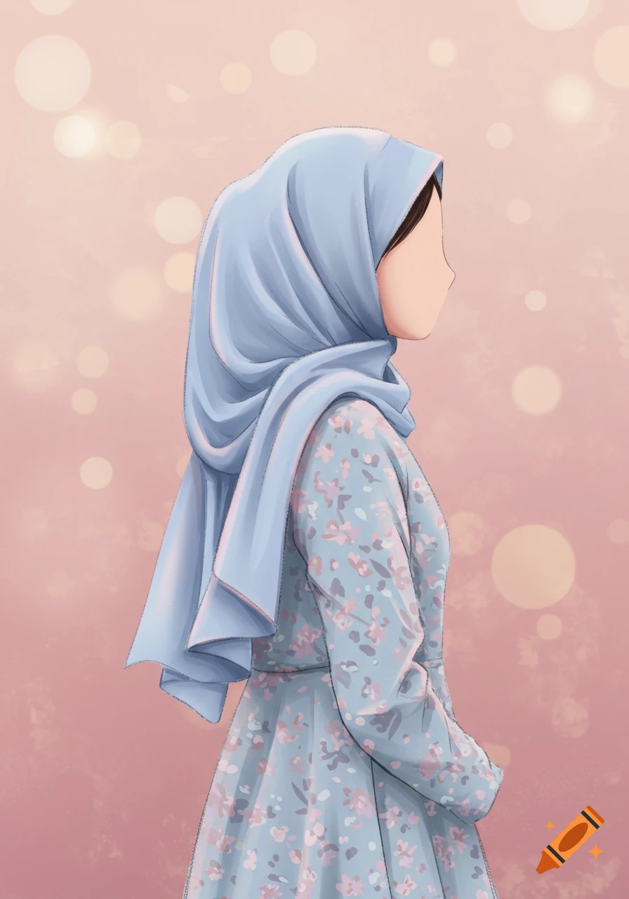 A person is wearing a blue hijab and a floral dress, seen from the side.