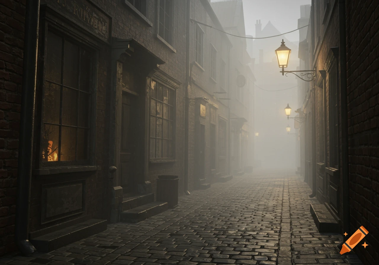 A foggy, narrow cobblestone street lined with old buildings and gaslights.