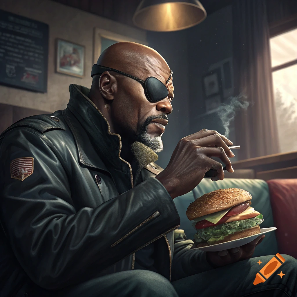 Nick Fury sitting indoors, eating a hamburger and smoking a cigarette.
