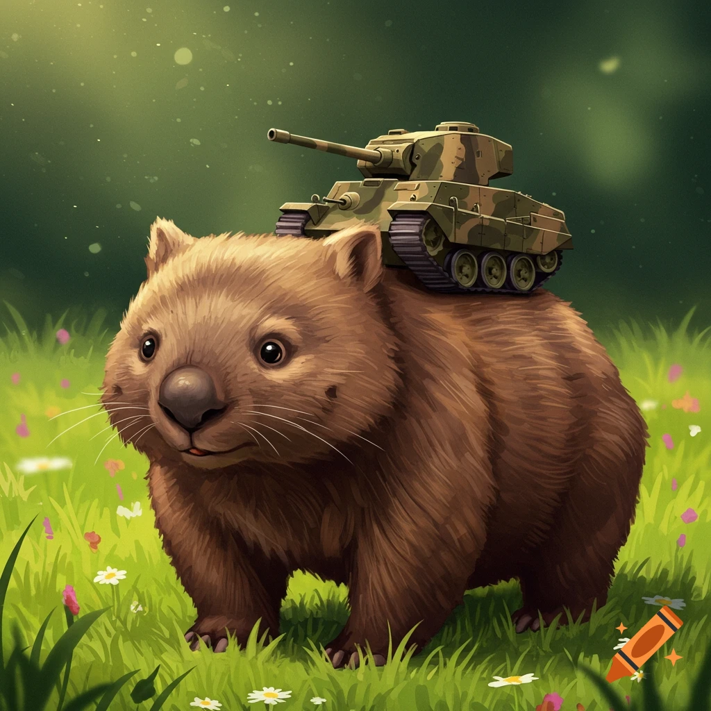 A cute wombat carries a small camouflage tank on its back in a grassy field.