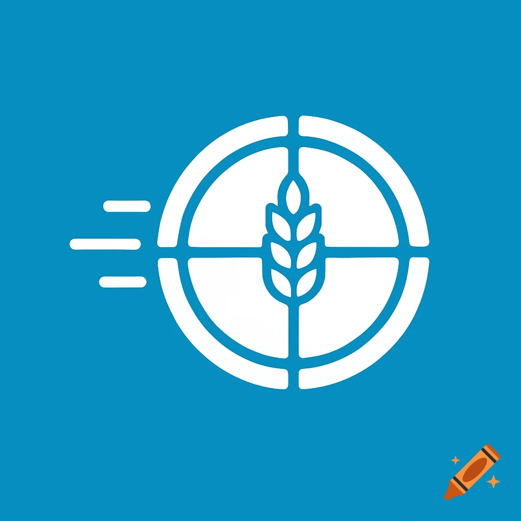 White logo with a wheat stalk inside a crosshair symbol and speed lines on an azure blue background.