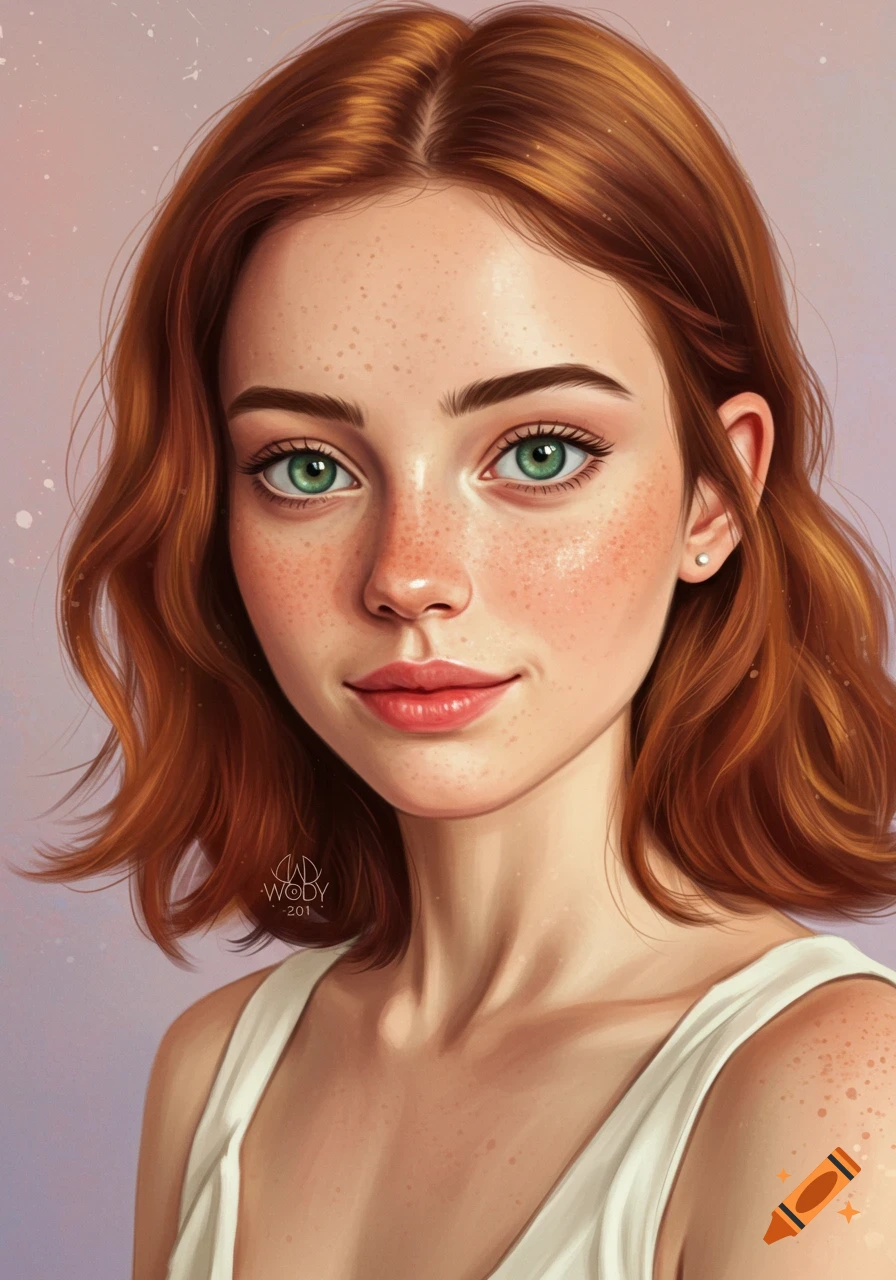 A portrait of a young woman with auburn hair, green eyes, and freckles.