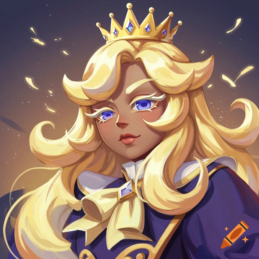 Portrait of a female character with blonde hair, blue eyes, a gold crown, and a purple outfit.