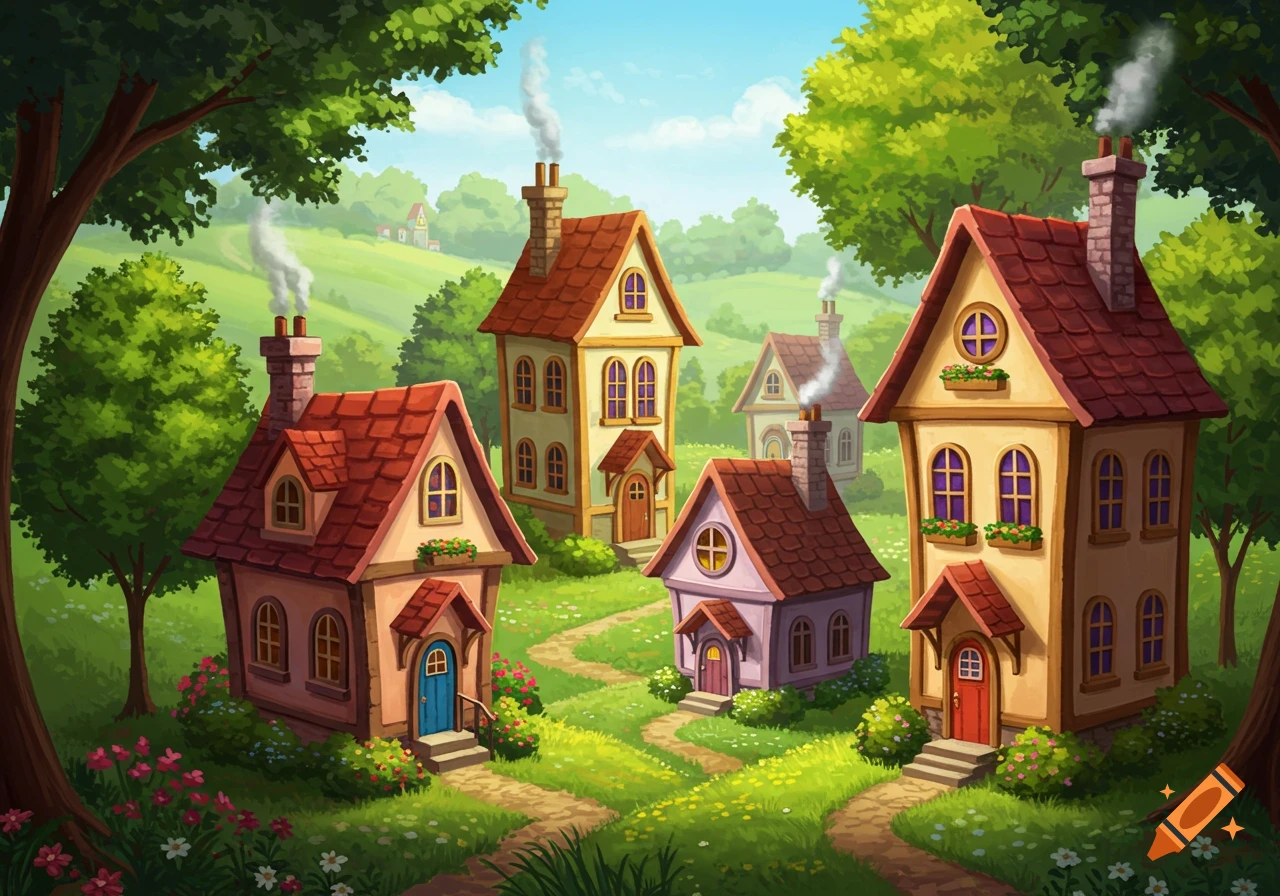 A colorful image of a whimsical village with cute houses on grassy hills under a blue sky.