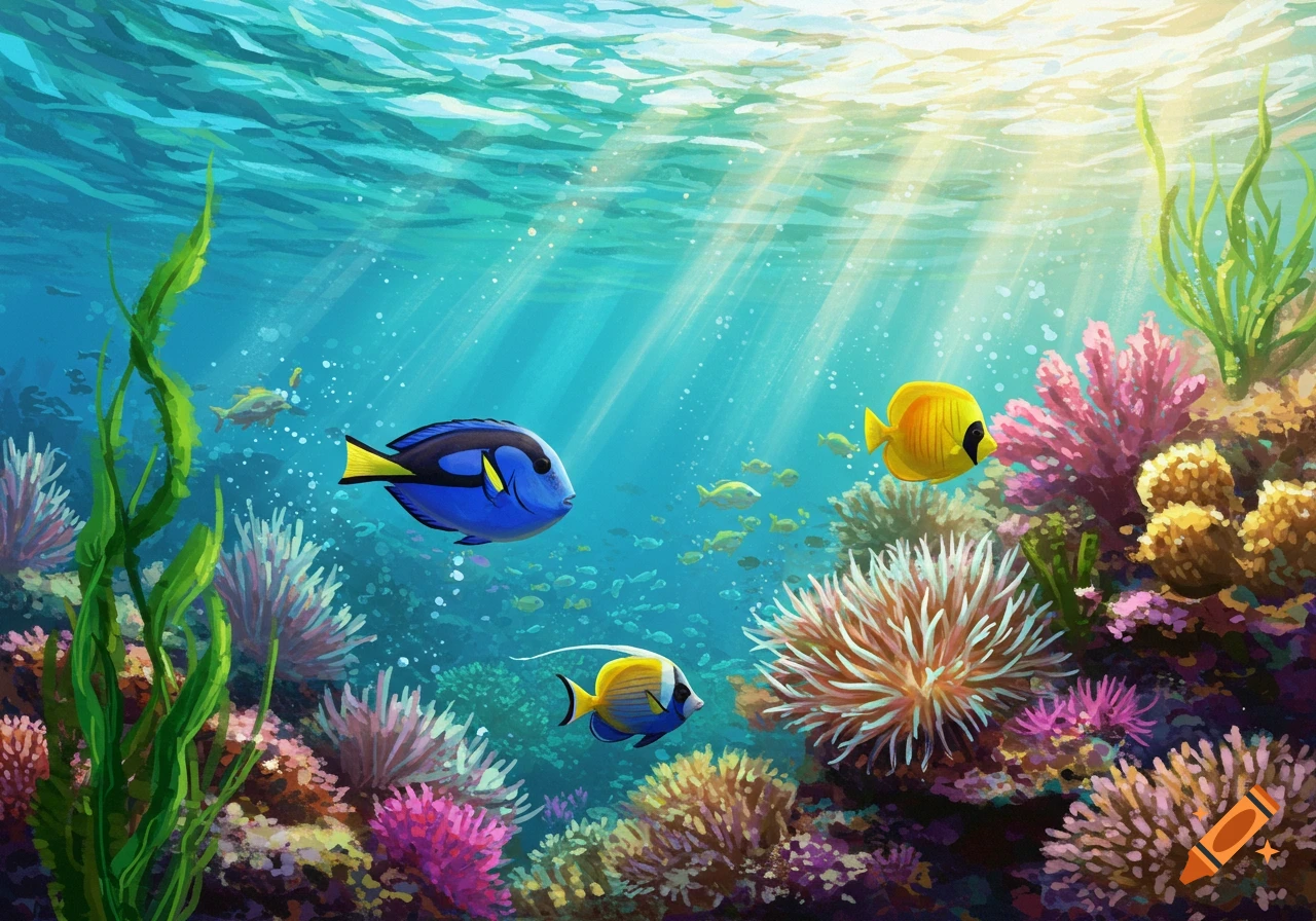 Illustration of a vibrant coral reef with sunbeams, tropical fish including a blue tang and yellow butterflyfish.